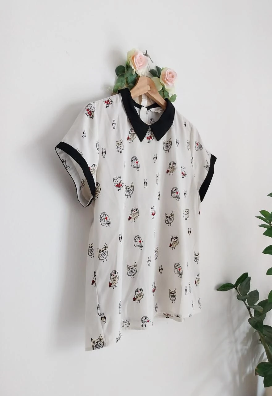 Blusa blanca roto con estampado de búhos YCOO Talla M – photo 4